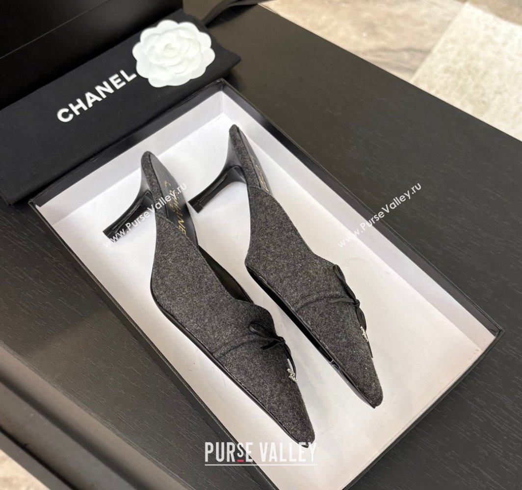 Chanel Fabric Heel Mules 6.5cm with Eyelets and Bow Dark Grey 2025 CH030323 (MD-250303151)