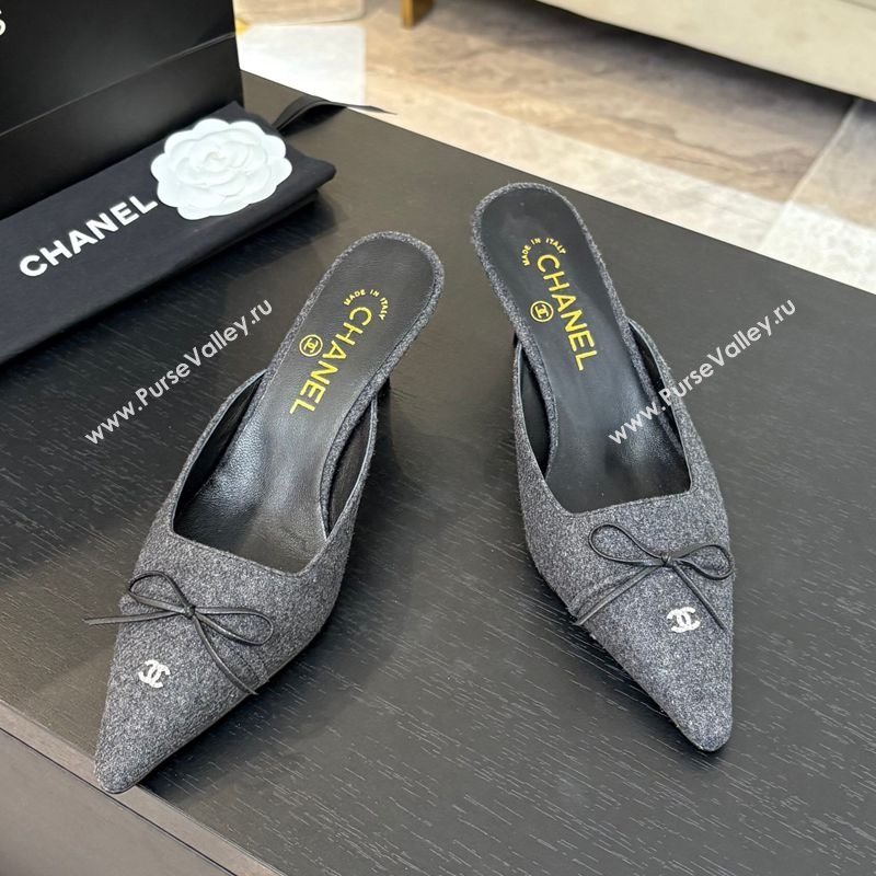 Chanel Fabric Heel Mules 6.5cm with Eyelets and Bow Dark Grey 2025 CH030323 (MD-250303151)