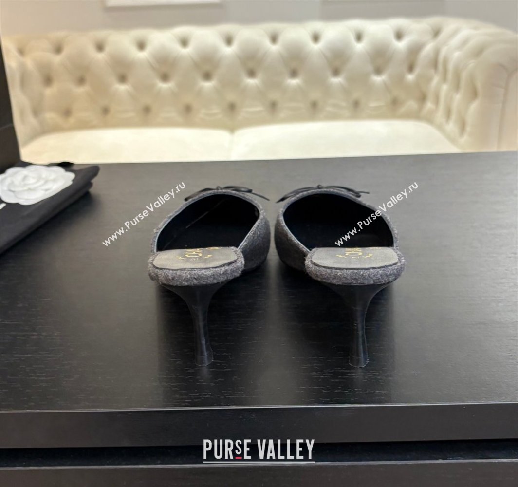 Chanel Fabric Heel Mules 6.5cm with Eyelets and Bow Dark Grey 2025 CH030323 (MD-250303151)
