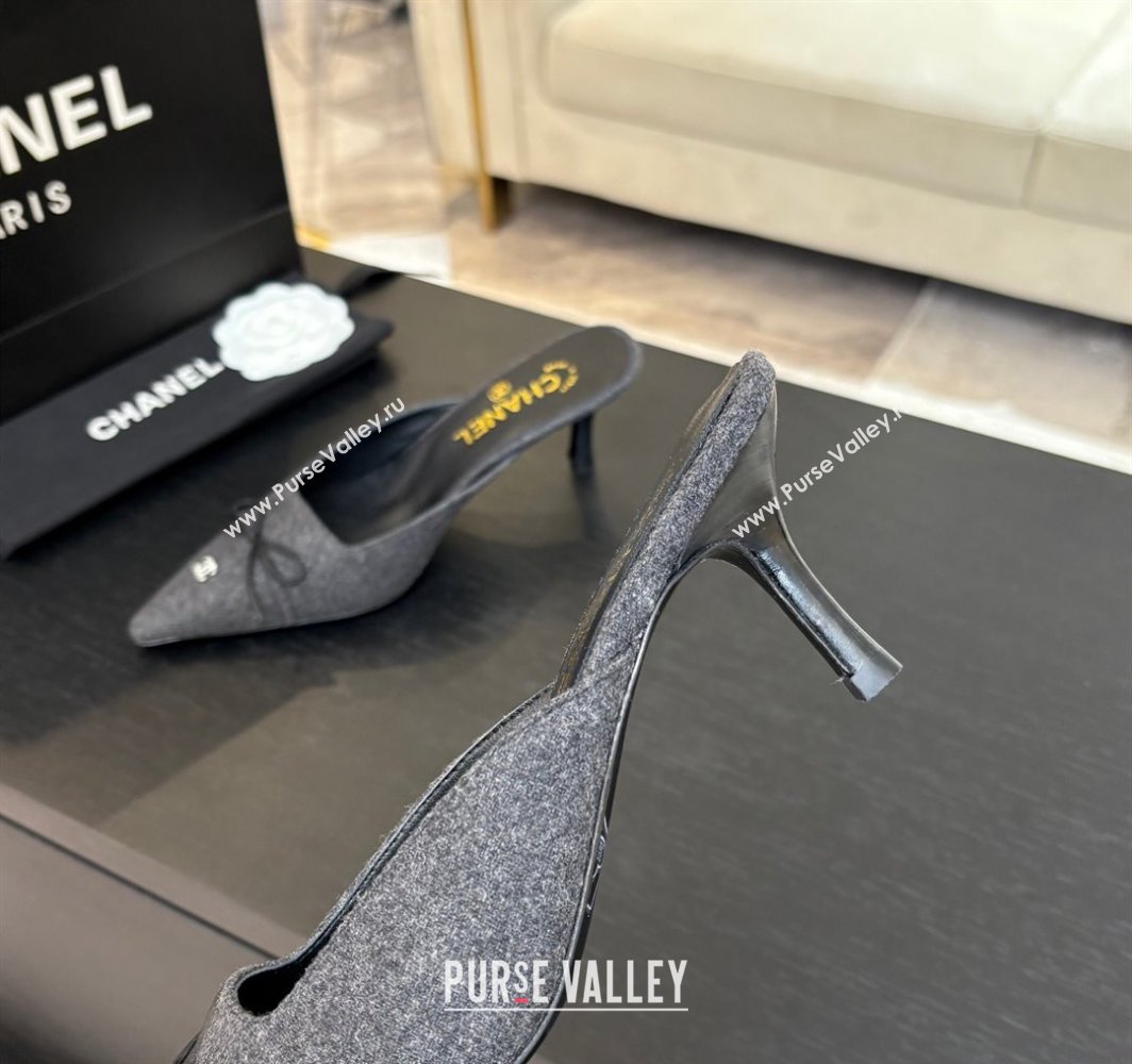 Chanel Fabric Heel Mules 6.5cm with Eyelets and Bow Dark Grey 2025 CH030323 (MD-250303151)