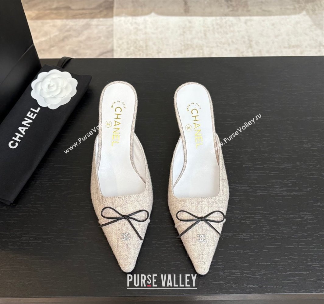 Chanel Fabric Heel Mules 6.5cm with Eyelets and Bow Beige 2025 CH030323 (MD-250303152)