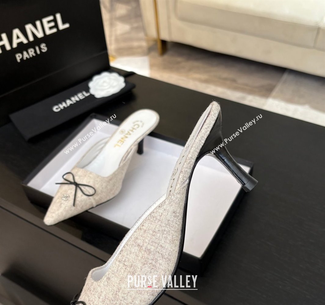 Chanel Fabric Heel Mules 6.5cm with Eyelets and Bow Beige 2025 CH030323 (MD-250303152)
