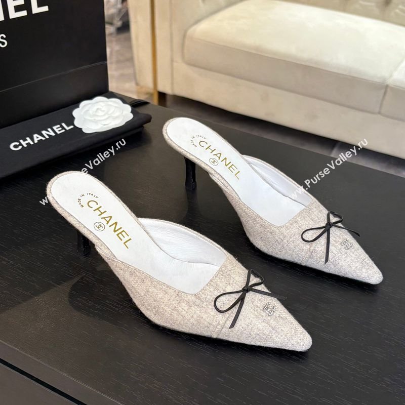 Chanel Fabric Heel Mules 6.5cm with Eyelets and Bow Beige 2025 CH030323 (MD-250303152)