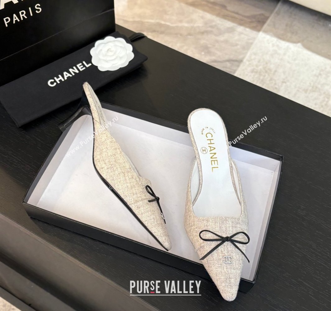 Chanel Fabric Heel Mules 6.5cm with Eyelets and Bow Beige 2025 CH030323 (MD-250303152)
