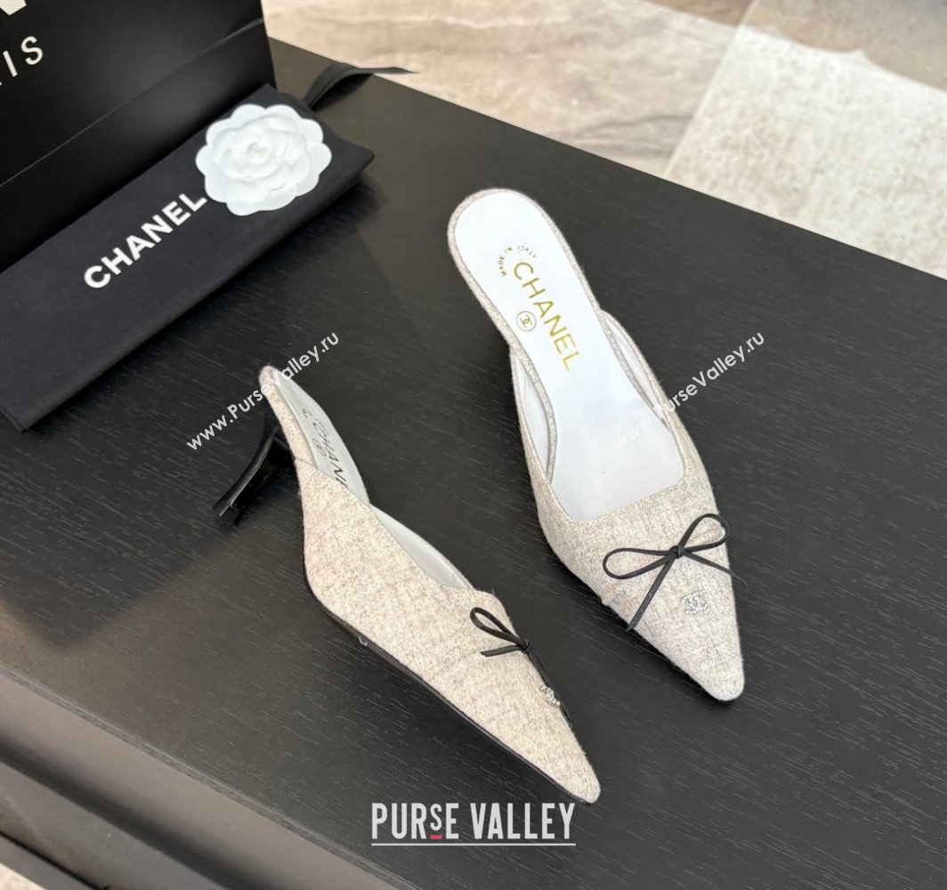 Chanel Fabric Heel Mules 6.5cm with Eyelets and Bow Beige 2025 CH030323 (MD-250303152)