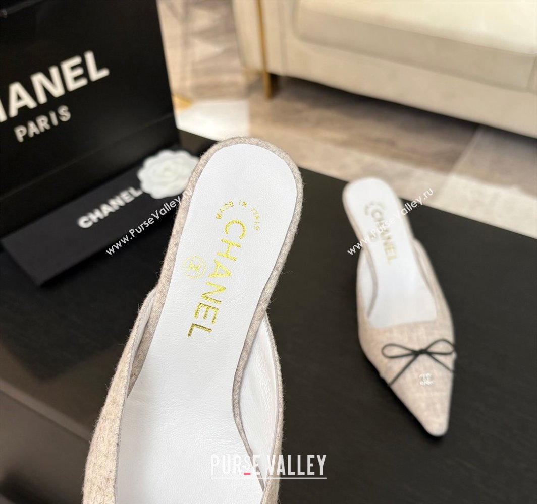Chanel Fabric Heel Mules 6.5cm with Eyelets and Bow Beige 2025 CH030323 (MD-250303152)