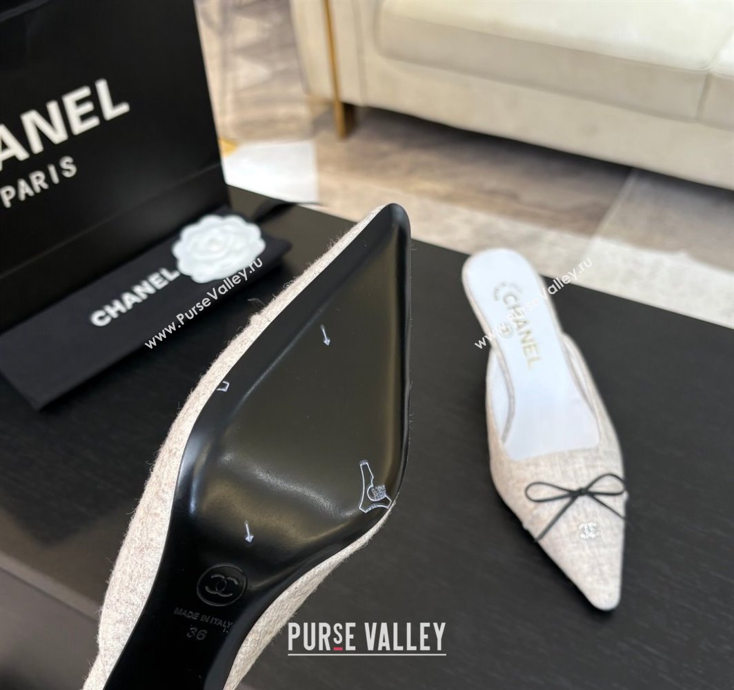Chanel Fabric Heel Mules 6.5cm with Eyelets and Bow Beige 2025 CH030323 (MD-250303152)