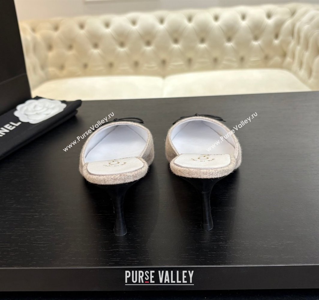Chanel Fabric Heel Mules 6.5cm with Eyelets and Bow Beige 2025 CH030323 (MD-250303152)