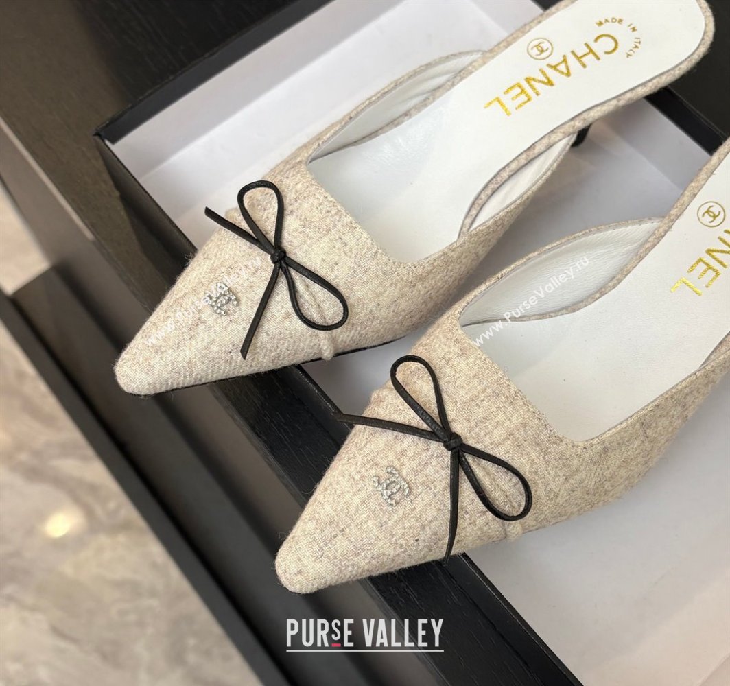 Chanel Fabric Heel Mules 6.5cm with Eyelets and Bow Beige 2025 CH030323 (MD-250303152)