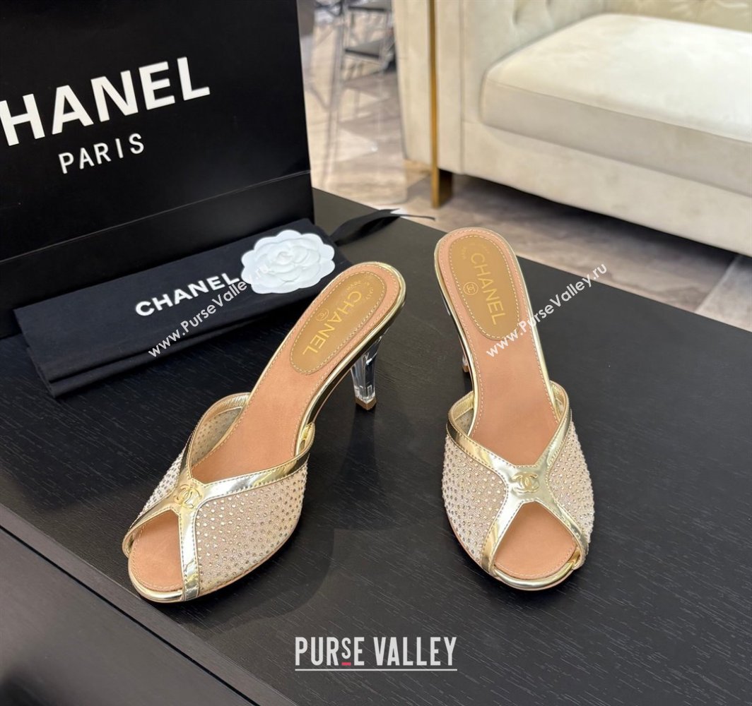Chanel Mesh and Leather Heel Slides Sandal 7cm with Strass Gold 2025 CH030325 (MD-250303156)