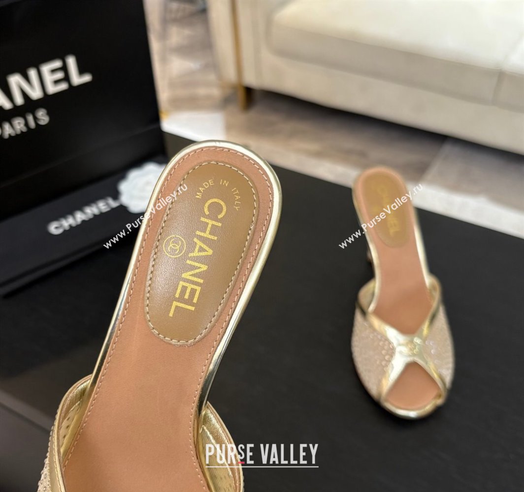 Chanel Mesh and Leather Heel Slides Sandal 7cm with Strass Gold 2025 CH030325 (MD-250303156)
