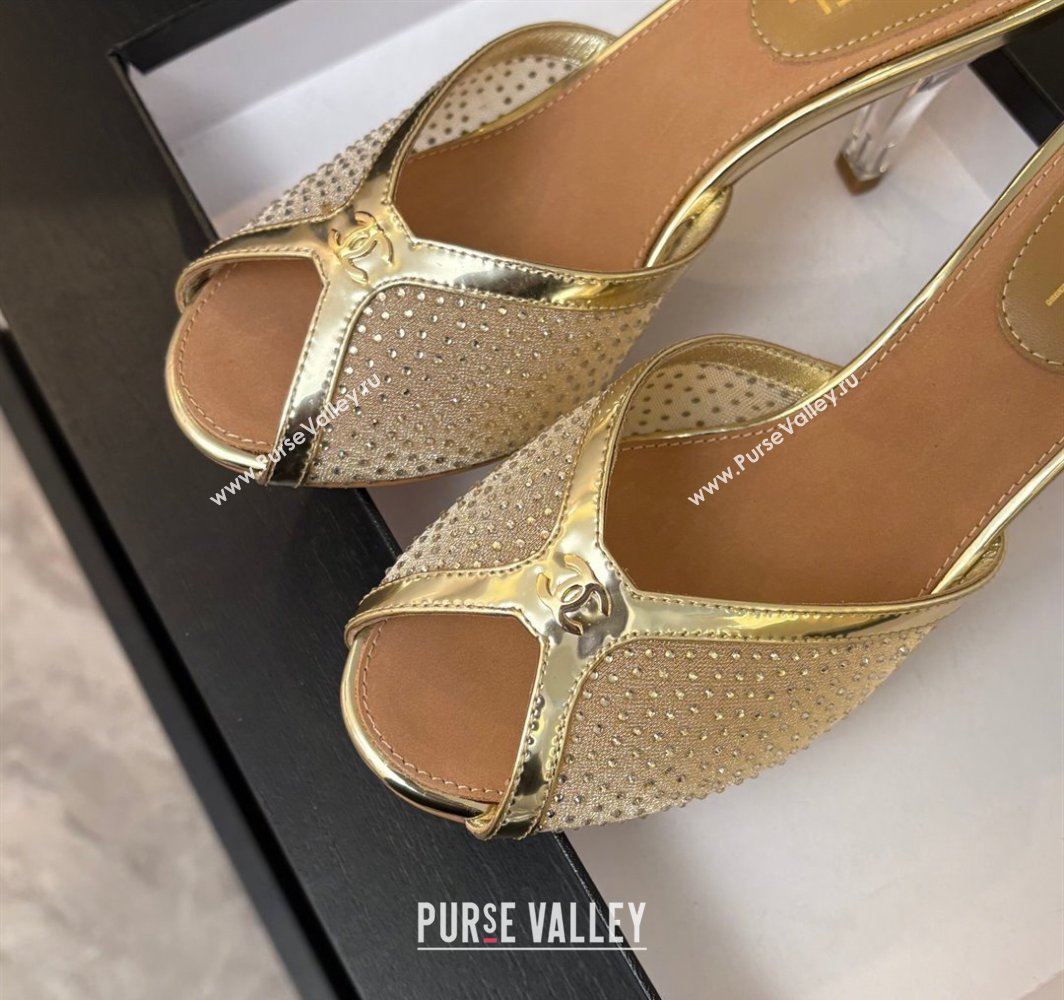 Chanel Mesh and Leather Heel Slides Sandal 7cm with Strass Gold 2025 CH030325 (MD-250303156)