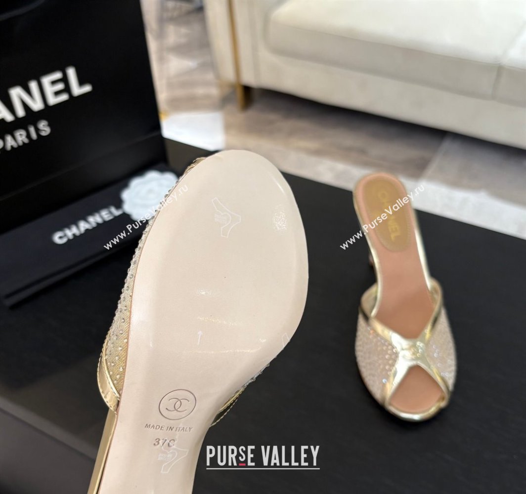 Chanel Mesh and Leather Heel Slides Sandal 7cm with Strass Gold 2025 CH030325 (MD-250303156)