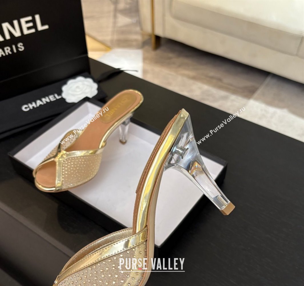 Chanel Mesh and Leather Heel Slides Sandal 7cm with Strass Gold 2025 CH030325 (MD-250303156)