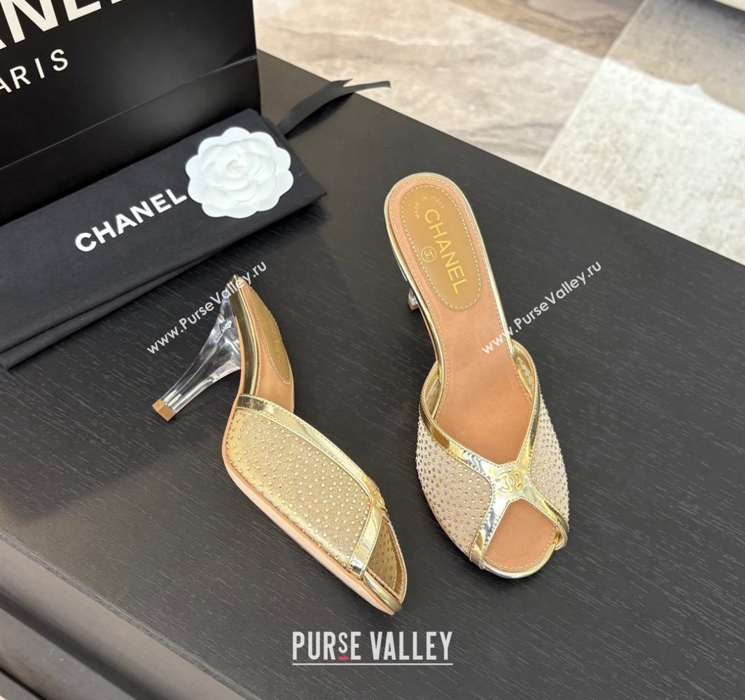 Chanel Mesh and Leather Heel Slides Sandal 7cm with Strass Gold 2025 CH030325 (MD-250303156)