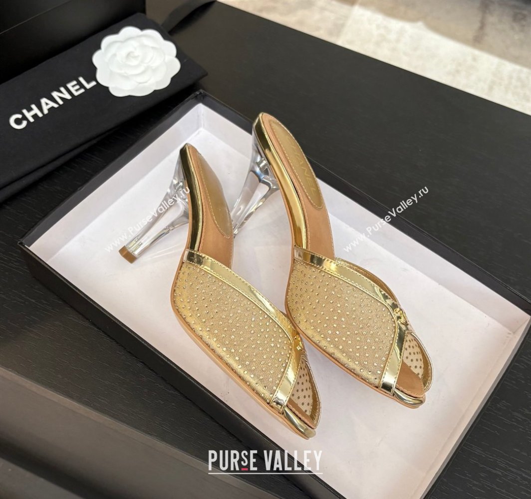 Chanel Mesh and Leather Heel Slides Sandal 7cm with Strass Gold 2025 CH030325 (MD-250303156)