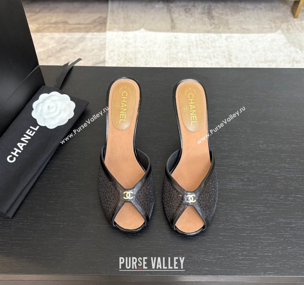 Chanel Mesh and Leather Heel Slides Sandal 7cm with Strass Black 2025 CH030325 (MD-250303157)