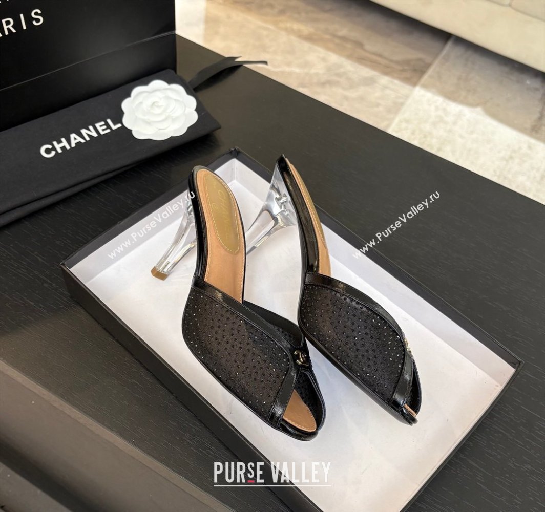 Chanel Mesh and Leather Heel Slides Sandal 7cm with Strass Black 2025 CH030325 (MD-250303157)