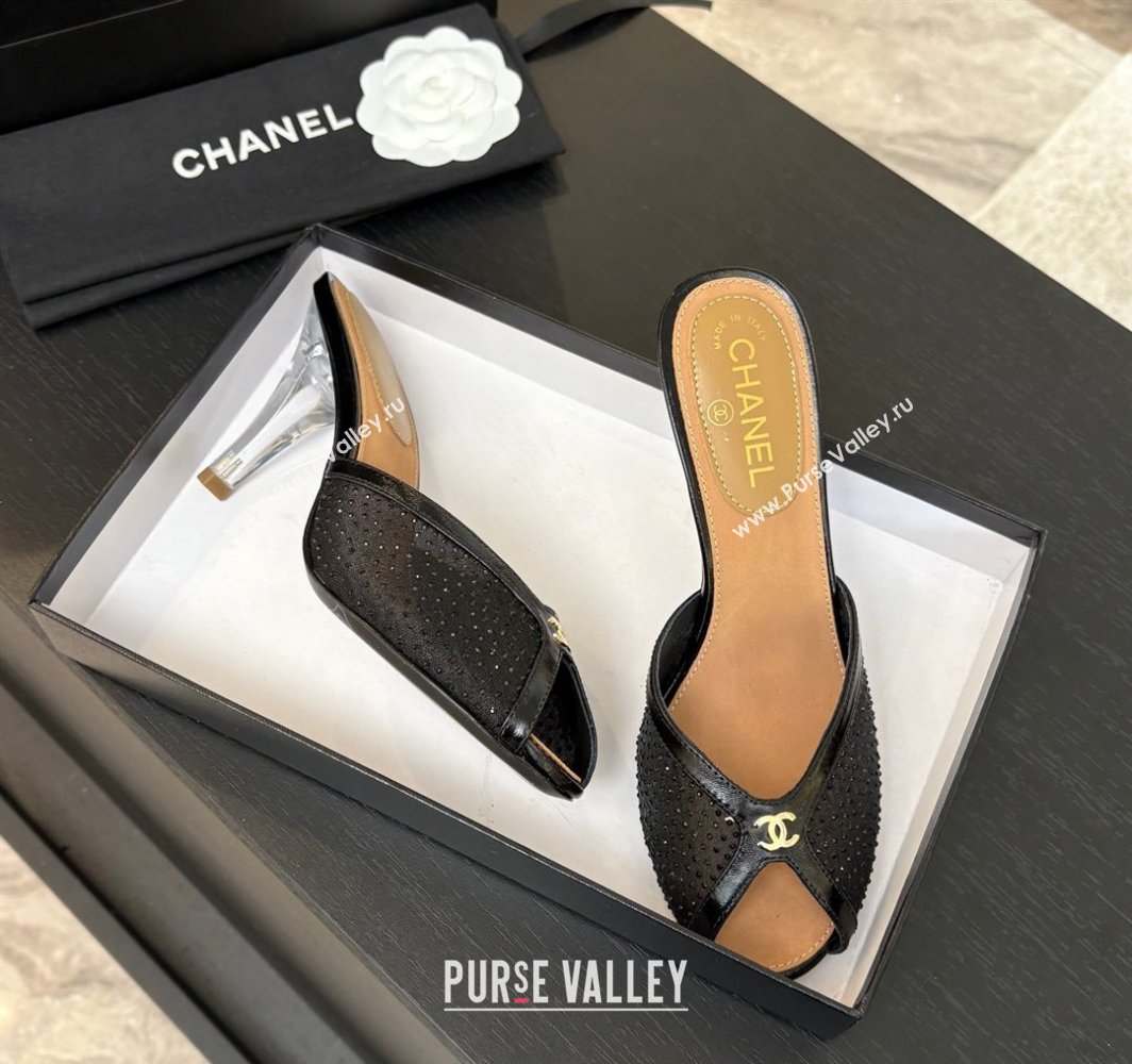 Chanel Mesh and Leather Heel Slides Sandal 7cm with Strass Black 2025 CH030325 (MD-250303157)