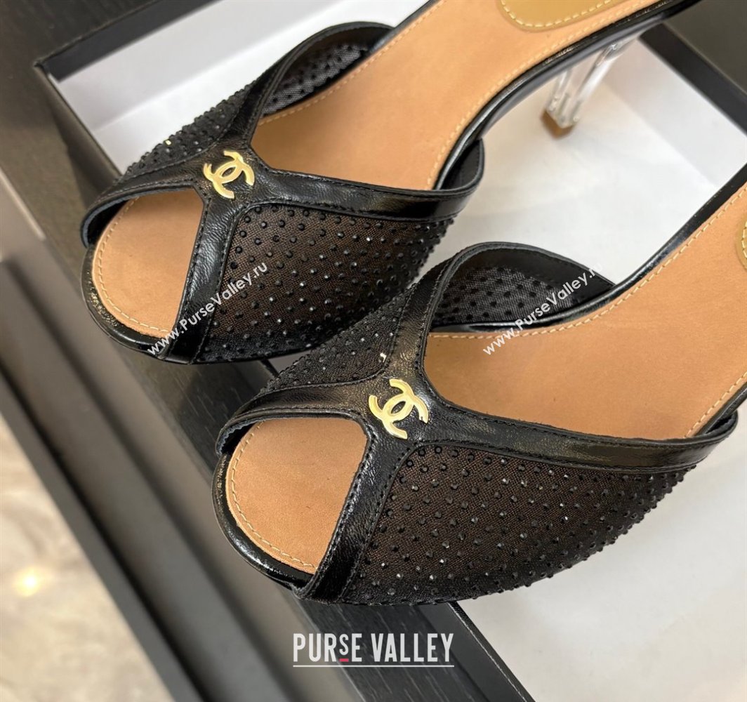 Chanel Mesh and Leather Heel Slides Sandal 7cm with Strass Black 2025 CH030325 (MD-250303157)