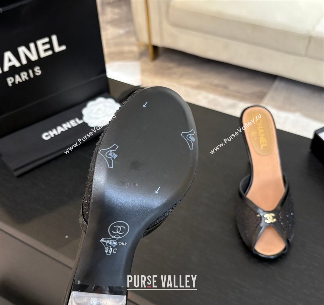 Chanel Mesh and Leather Heel Slides Sandal 7cm with Strass Black 2025 CH030325 (MD-250303157)