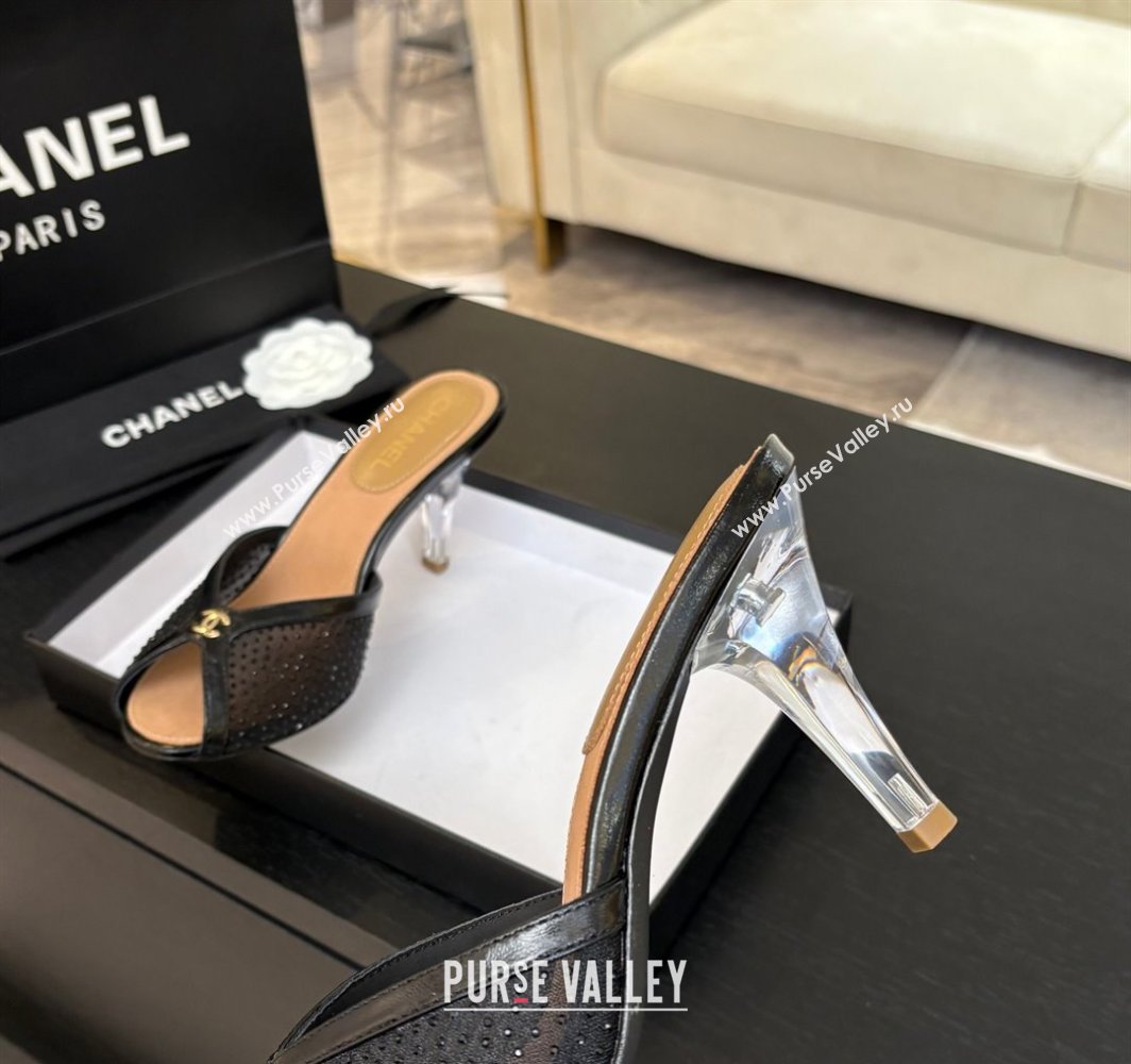Chanel Mesh and Leather Heel Slides Sandal 7cm with Strass Black 2025 CH030325 (MD-250303157)