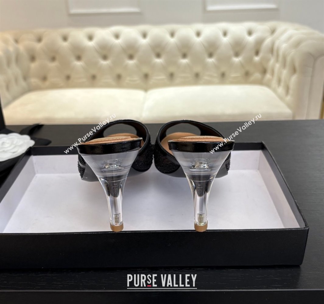 Chanel Mesh and Leather Heel Slides Sandal 7cm with Strass Black 2025 CH030325 (MD-250303157)