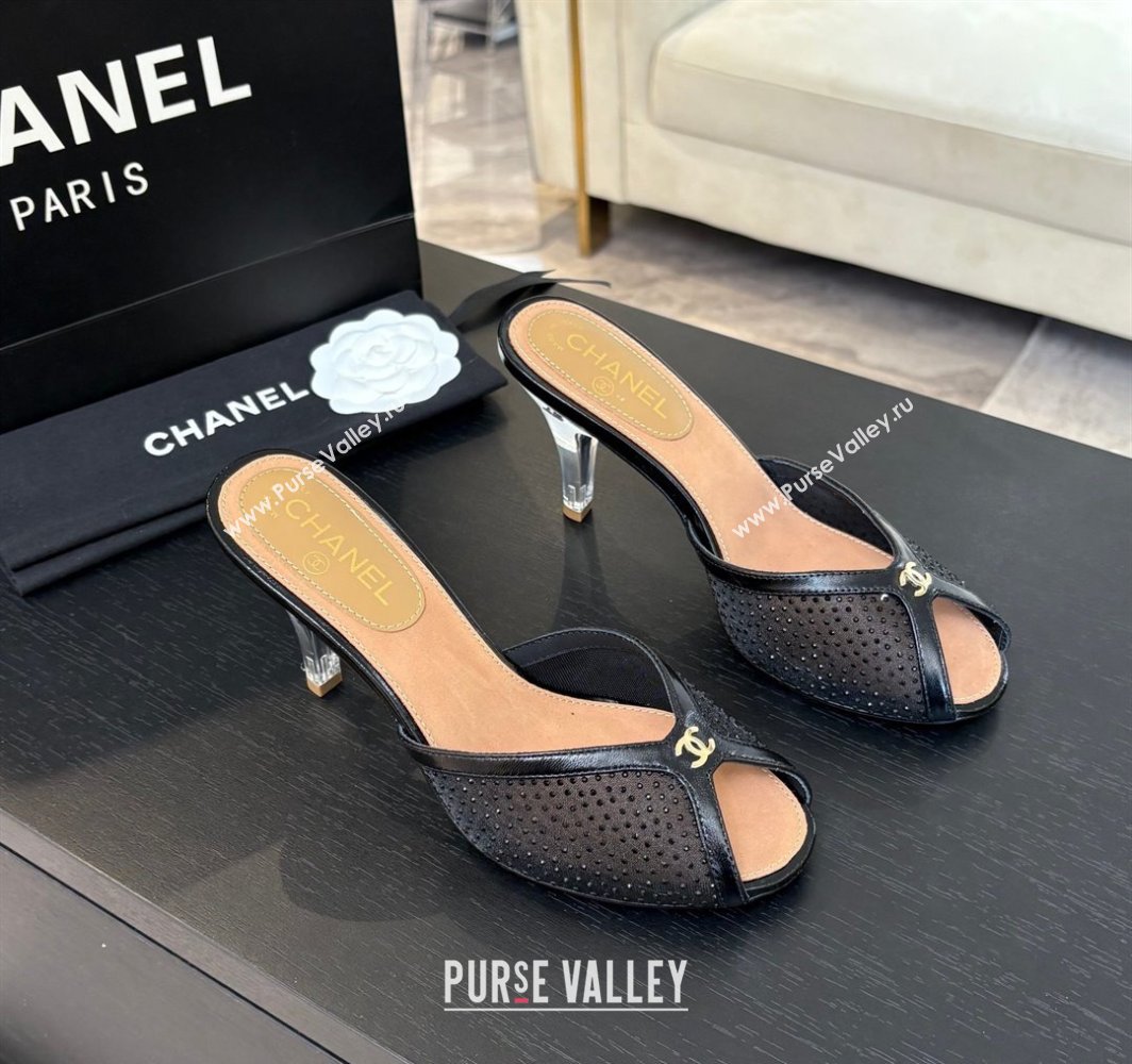 Chanel Mesh and Leather Heel Slides Sandal 7cm with Strass Black 2025 CH030325 (MD-250303157)
