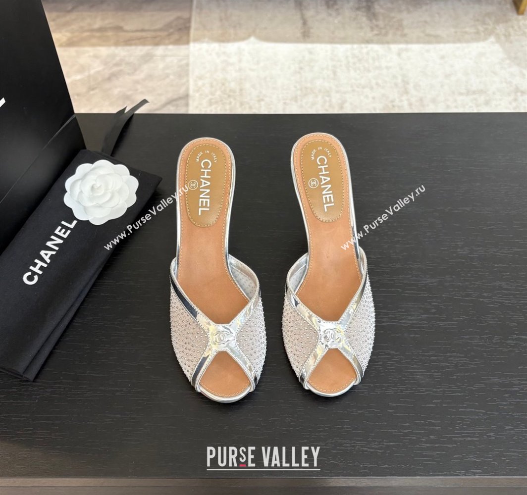 Chanel Mesh and Leather Heel Slides Sandal 7cm with Strass Silver 2025 CH030325 (MD-250303158)