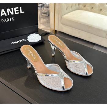 Chanel Mesh and Leather Heel Slides Sandal 7cm with Strass Silver 2025 CH030325 (MD-250303158)
