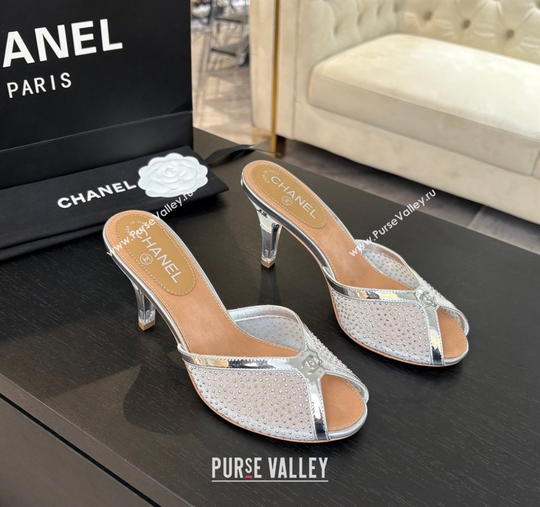 Chanel Mesh and Leather Heel Slides Sandal 7cm with Strass Silver 2025 CH030325 (MD-250303158)