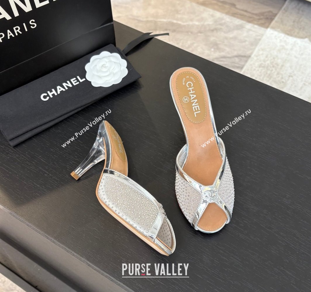 Chanel Mesh and Leather Heel Slides Sandal 7cm with Strass Silver 2025 CH030325 (MD-250303158)
