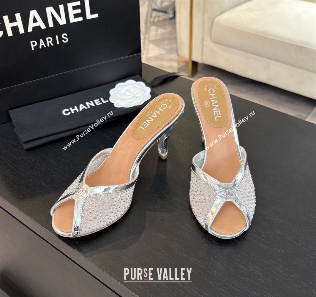 Chanel Mesh and Leather Heel Slides Sandal 7cm with Strass Silver 2025 CH030325 (MD-250303158)