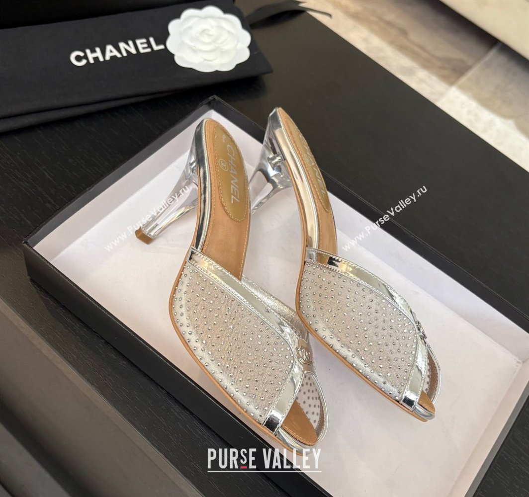 Chanel Mesh and Leather Heel Slides Sandal 7cm with Strass Silver 2025 CH030325 (MD-250303158)