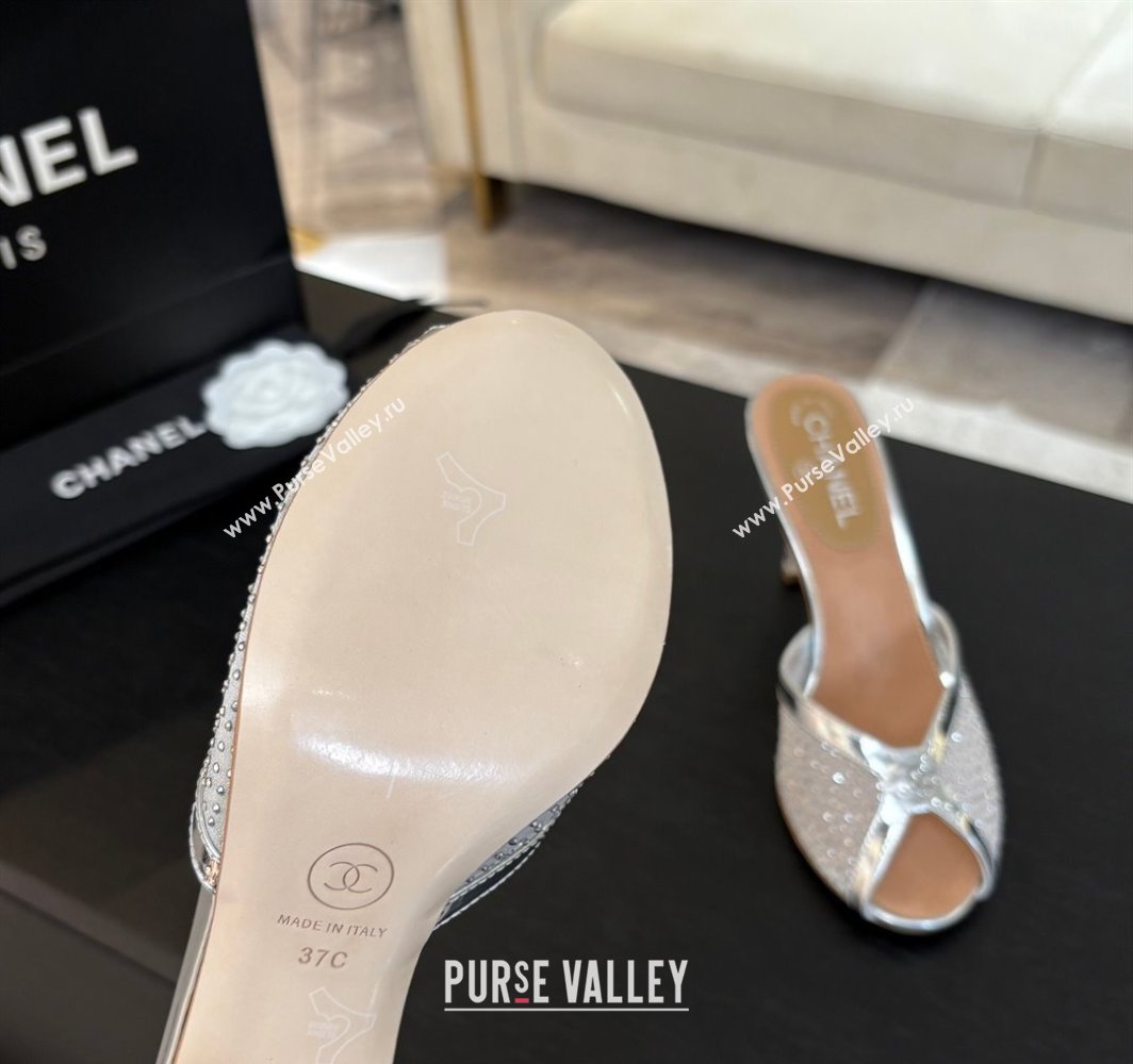 Chanel Mesh and Leather Heel Slides Sandal 7cm with Strass Silver 2025 CH030325 (MD-250303158)
