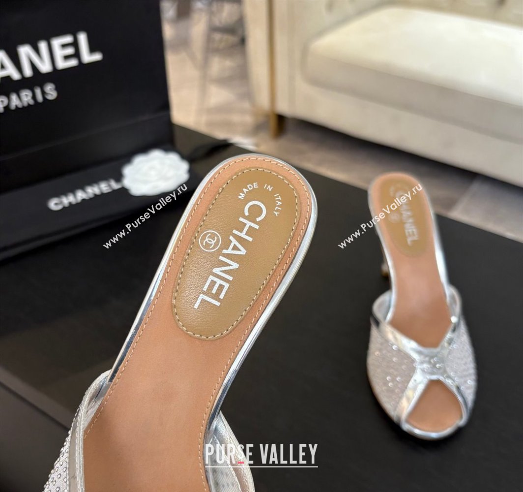 Chanel Mesh and Leather Heel Slides Sandal 7cm with Strass Silver 2025 CH030325 (MD-250303158)