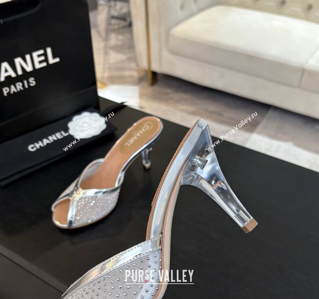 Chanel Mesh and Leather Heel Slides Sandal 7cm with Strass Silver 2025 CH030325 (MD-250303158)