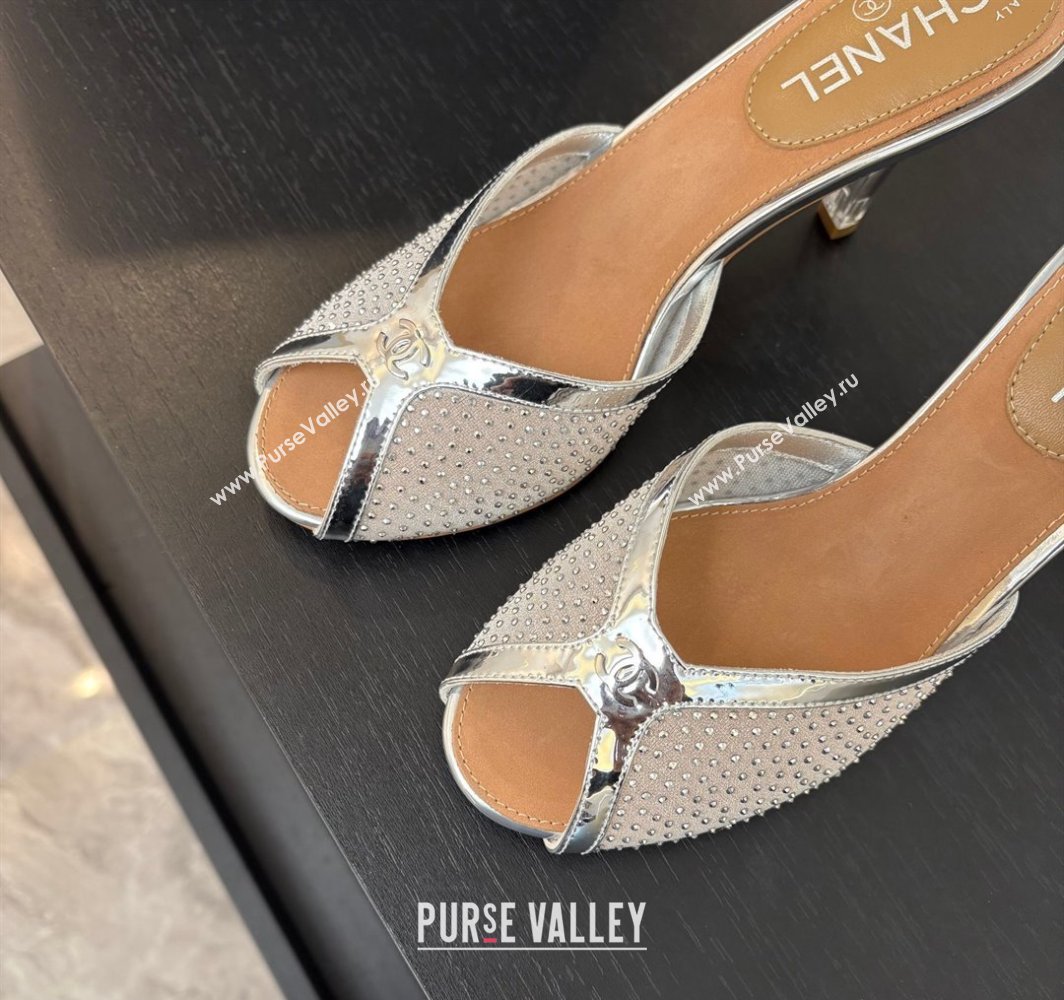 Chanel Mesh and Leather Heel Slides Sandal 7cm with Strass Silver 2025 CH030325 (MD-250303158)