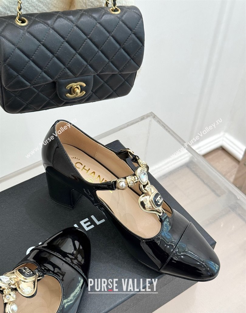 Chanel Calfskin Mary Janes Pumps 5.5cm with Heart Stones Charm Black 2025 CH030326 (MD-250303159)