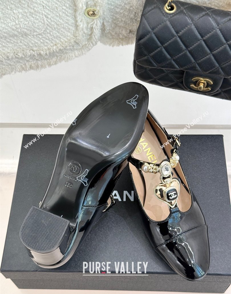 Chanel Calfskin Mary Janes Pumps 5.5cm with Heart Stones Charm Black 2025 CH030326 (MD-250303159)