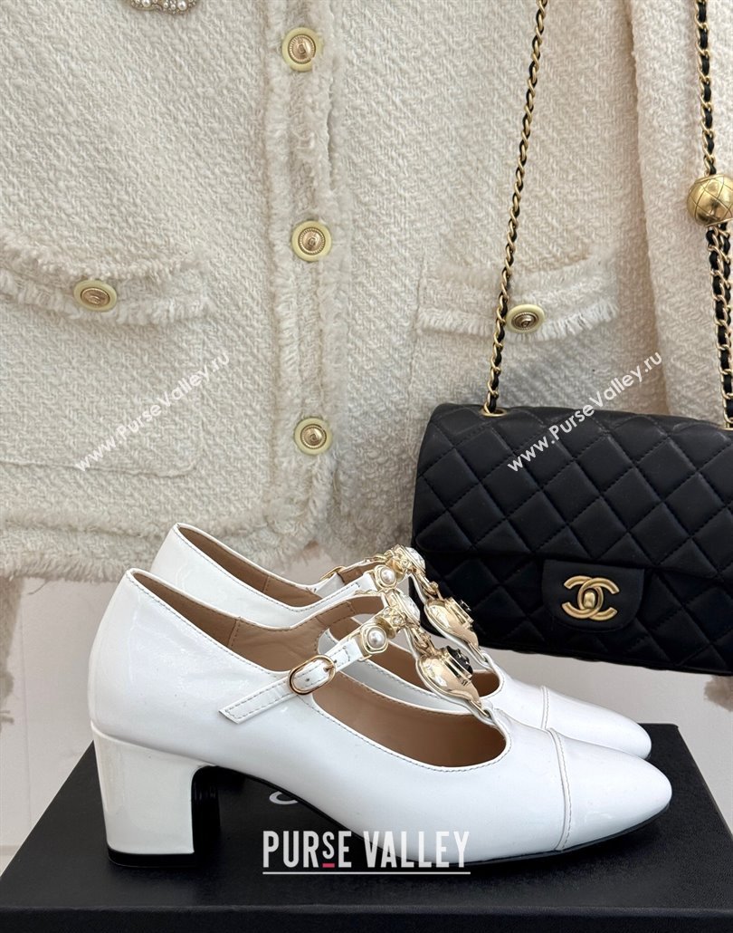 Chanel Calfskin Mary Janes Pumps 5.5cm with Heart Stones Charm White 2025 CH030326 (MD-250303161)