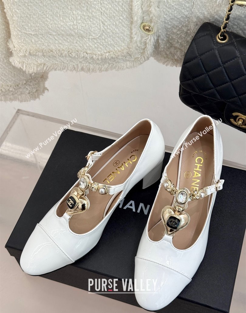 Chanel Calfskin Mary Janes Pumps 5.5cm with Heart Stones Charm White 2025 CH030326 (MD-250303161)