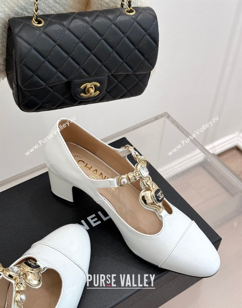 Chanel Calfskin Mary Janes Pumps 5.5cm with Heart Stones Charm White 2025 CH030326 (MD-250303161)