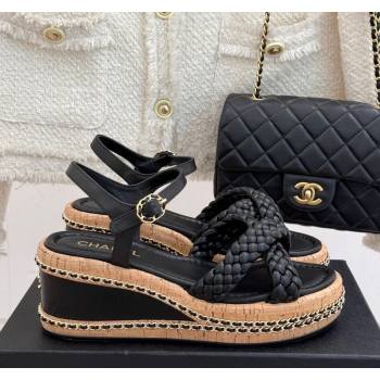 Chanel Woven Calfskin Wedge Sandals 7cm with Chain Black 2025 CH030401 (MD-250304001)