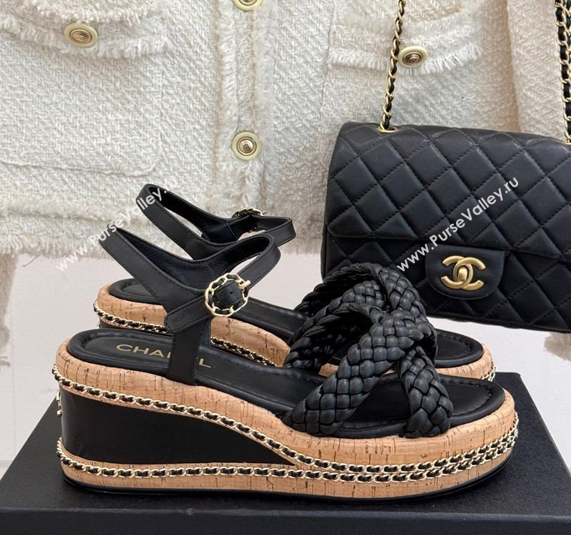 Chanel Woven Calfskin Wedge Sandals 7cm with Chain Black 2025 CH030401 (MD-250304001)