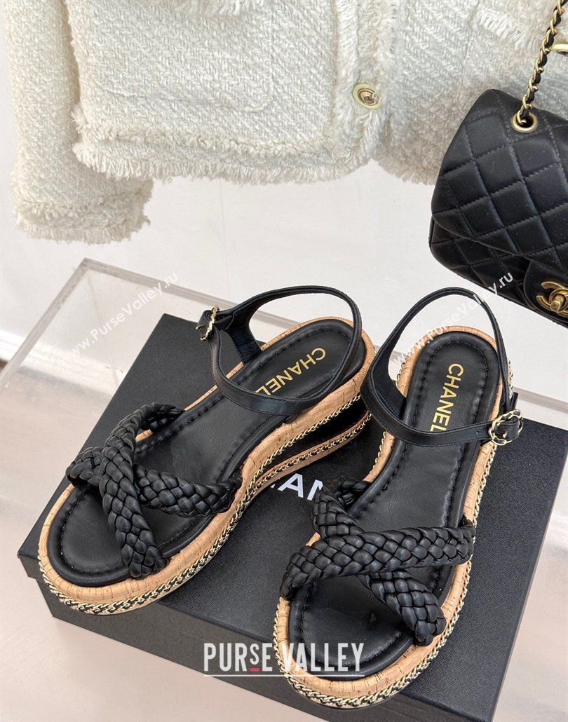 Chanel Woven Calfskin Wedge Sandals 7cm with Chain Black 2025 CH030401 (MD-250304001)
