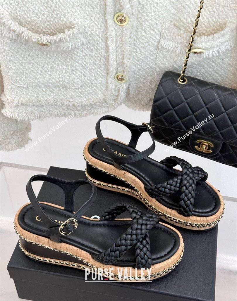Chanel Woven Calfskin Wedge Sandals 7cm with Chain Black 2025 CH030401 (MD-250304001)