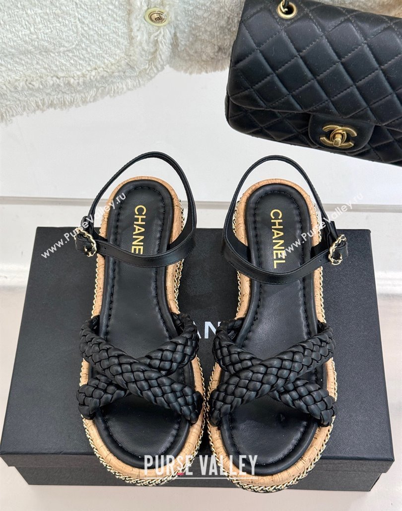 Chanel Woven Calfskin Wedge Sandals 7cm with Chain Black 2025 CH030401 (MD-250304001)