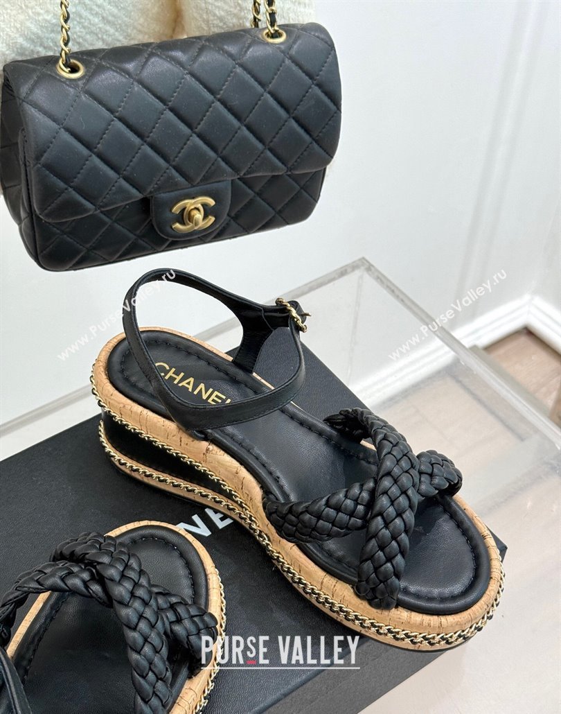 Chanel Woven Calfskin Wedge Sandals 7cm with Chain Black 2025 CH030401 (MD-250304001)
