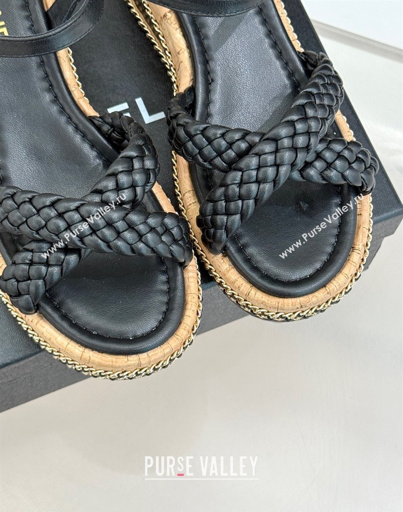 Chanel Woven Calfskin Wedge Sandals 7cm with Chain Black 2025 CH030401 (MD-250304001)